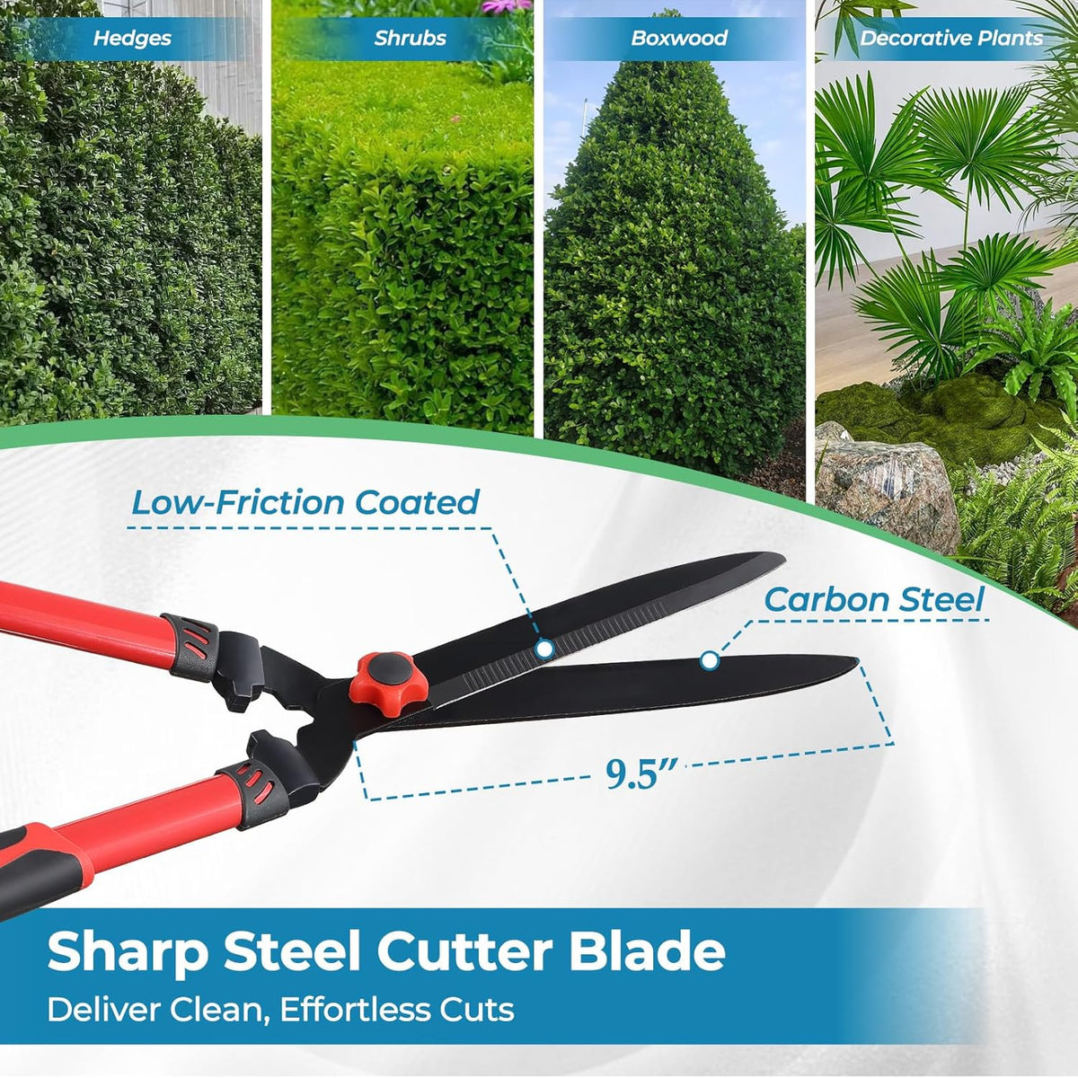 Hedge Shears, Sharp Hedge Clippers for Gardening, 21 inch High Carbon Steel Manual Hedge Trimmer with Ergonomic Anti-slip Handle, Labor-saving Long Garden Shears for Shrubs Bushes Lawn Yard Trimming