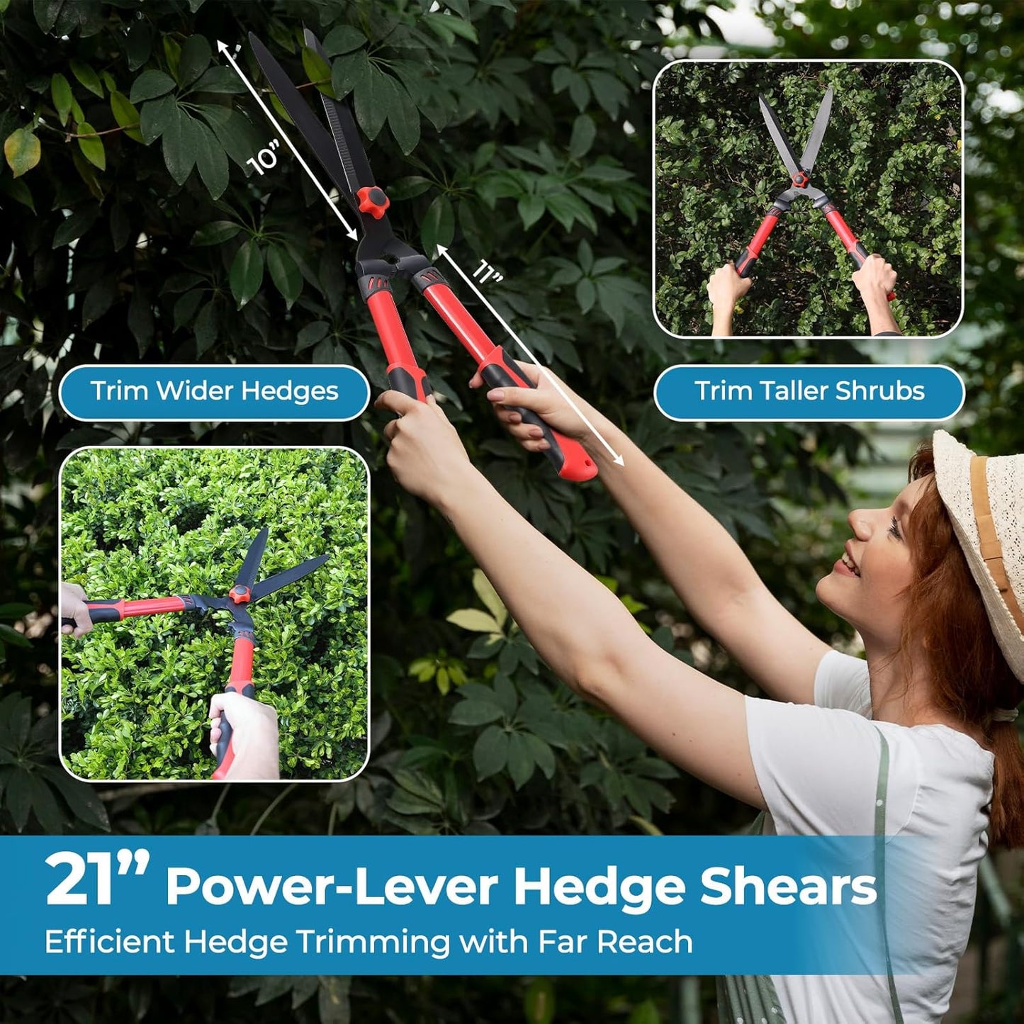 Hedge Shears, Sharp Hedge Clippers for Gardening, 21 inch High Carbon Steel Manual Hedge Trimmer with Ergonomic Anti-slip Handle, Labor-saving Long Garden Shears for Shrubs Bushes Lawn Yard Trimming