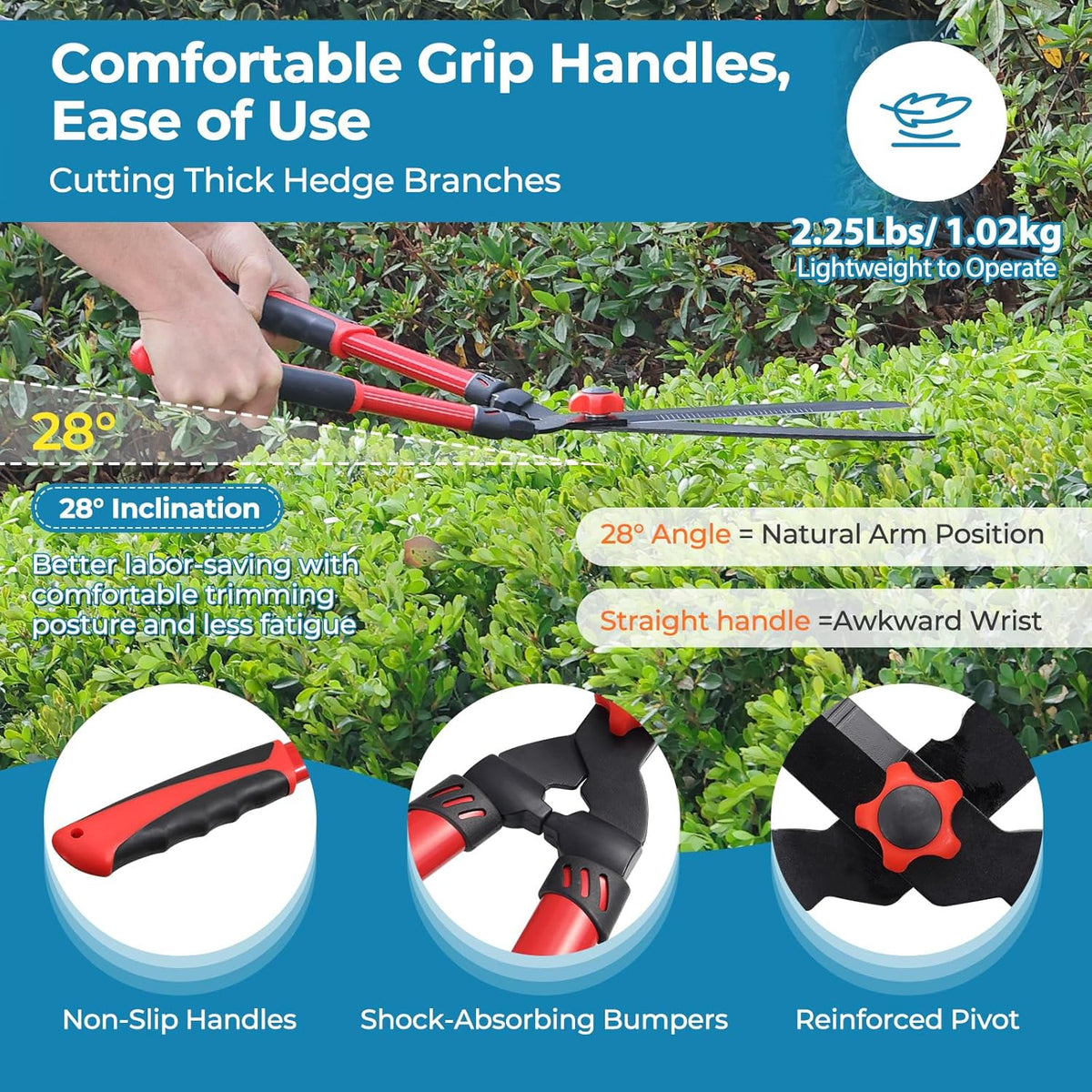 Hedge Shears, Sharp Hedge Clippers for Gardening, 21 inch High Carbon Steel Manual Hedge Trimmer with Ergonomic Anti-slip Handle, Labor-saving Long Garden Shears for Shrubs Bushes Lawn Yard Trimming