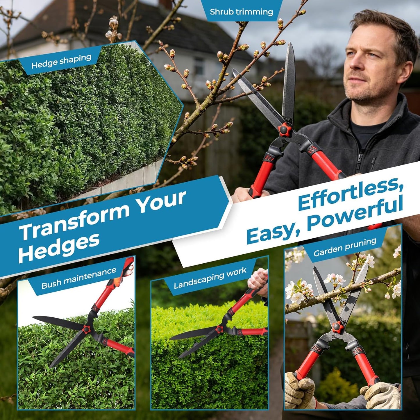 Hedge Shears, Sharp Hedge Clippers for Gardening, 21 inch High Carbon Steel Manual Hedge Trimmer with Ergonomic Anti-slip Handle, Labor-saving Long Garden Shears for Shrubs Bushes Lawn Yard Trimming