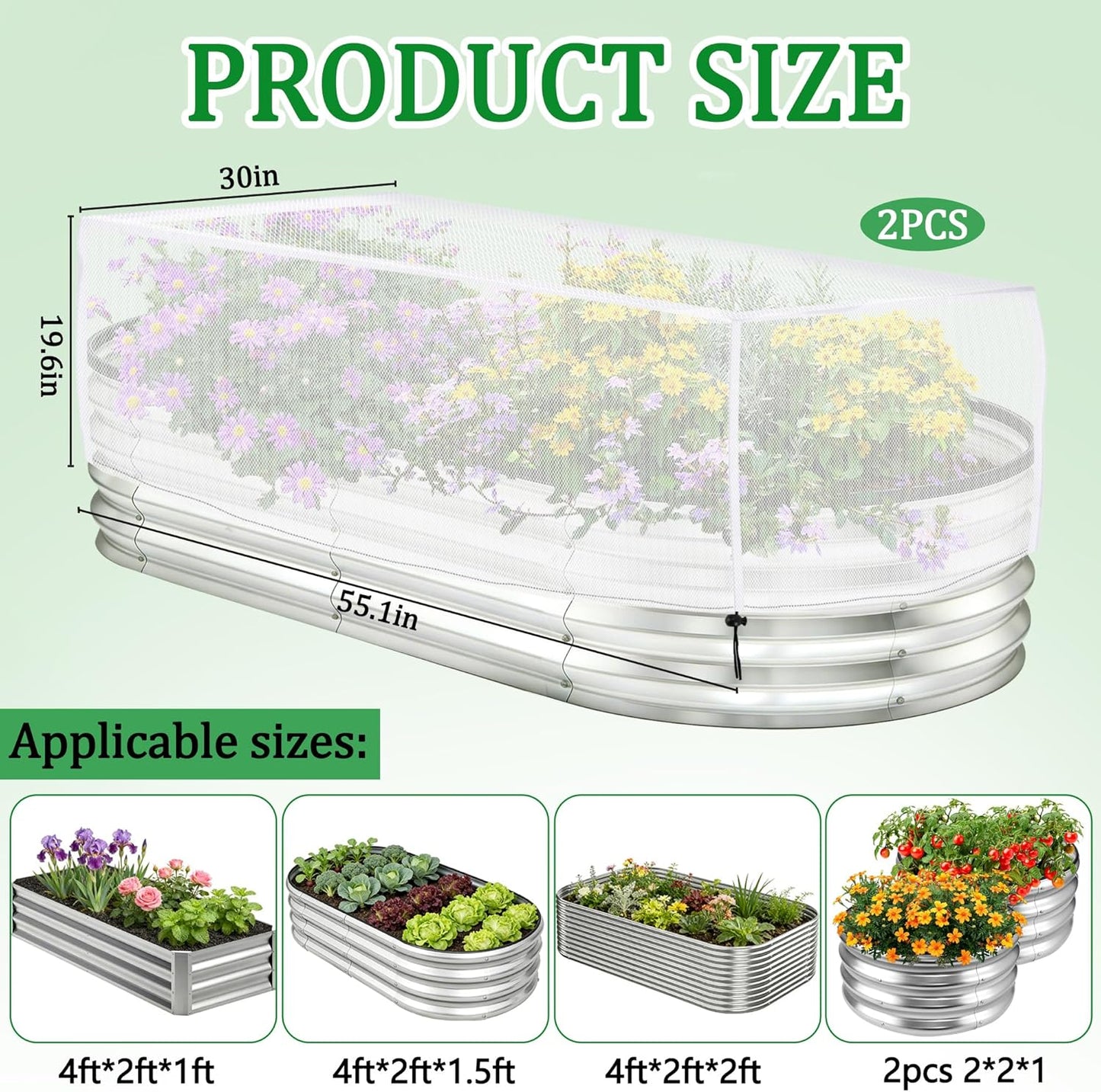 2 Pack Garden Netting for Raised Beds, 37.4" x 19.6" x 19.6" Garden Bed Insect Bird Netting Cover, Raised Garden Bed Plant Cover Mesh Pest Barrier Screen for Protecting Vegetables Fruits Flowers