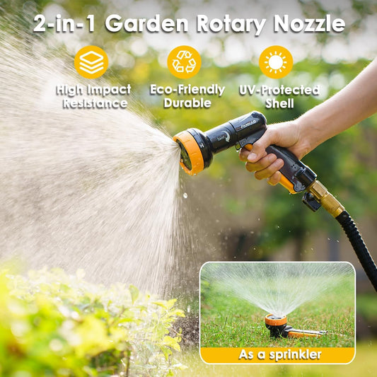 2-in-1 Rotating Garden Hose Nozzle with Sprinkler Function, High-impact ABS+PP Water Hose Sprayer with 4 Spray Patterns, Ergonomic Front Trigger for Lawn & Plant Watering, Car & Pet Washing