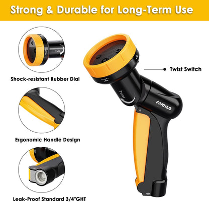 2-in-1 Rotating Garden Hose Nozzle with Sprinkler Function, High-impact ABS+PP Water Hose Sprayer with 4 Spray Patterns, Ergonomic Front Trigger for Lawn & Plant Watering, Car & Pet Washing