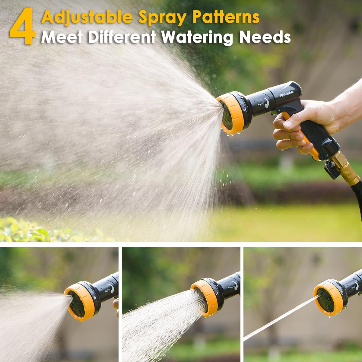 2-in-1 Rotating Garden Hose Nozzle with Sprinkler Function, High-impact ABS+PP Water Hose Sprayer with 4 Spray Patterns, Ergonomic Front Trigger for Lawn & Plant Watering, Car & Pet Washing
