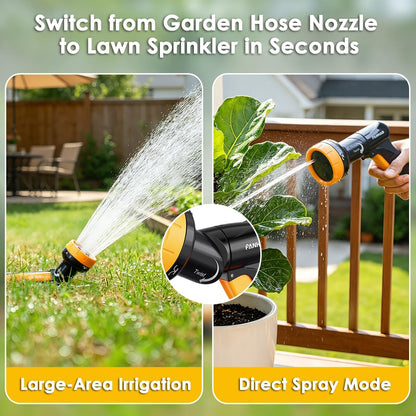 2-in-1 Rotating Garden Hose Nozzle with Sprinkler Function, High-impact ABS+PP Water Hose Sprayer with 4 Spray Patterns, Ergonomic Front Trigger for Lawn & Plant Watering, Car & Pet Washing