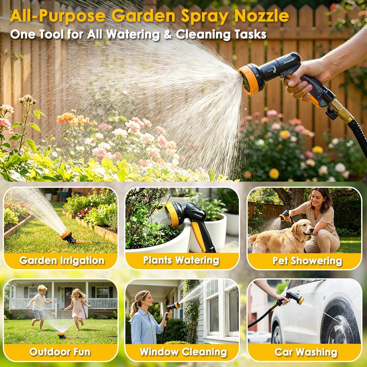 2-in-1 Rotating Garden Hose Nozzle with Sprinkler Function, High-impact ABS+PP Water Hose Sprayer with 4 Spray Patterns, Ergonomic Front Trigger for Lawn & Plant Watering, Car & Pet Washing