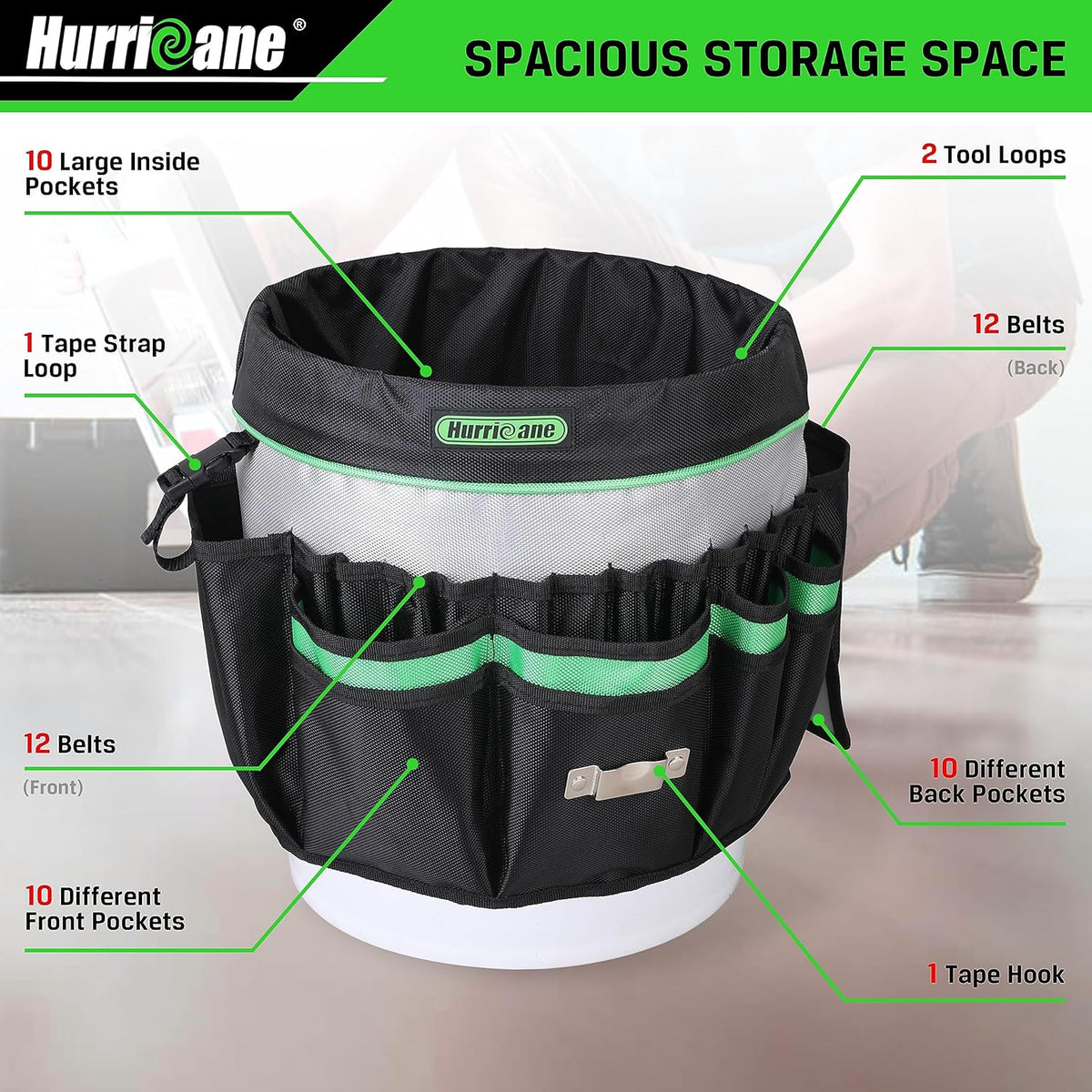 5 Gallon Bucket Tool Bag Organizer, Garden Tool Caddy with 52 Pockets, Waterproof for Most Buckets