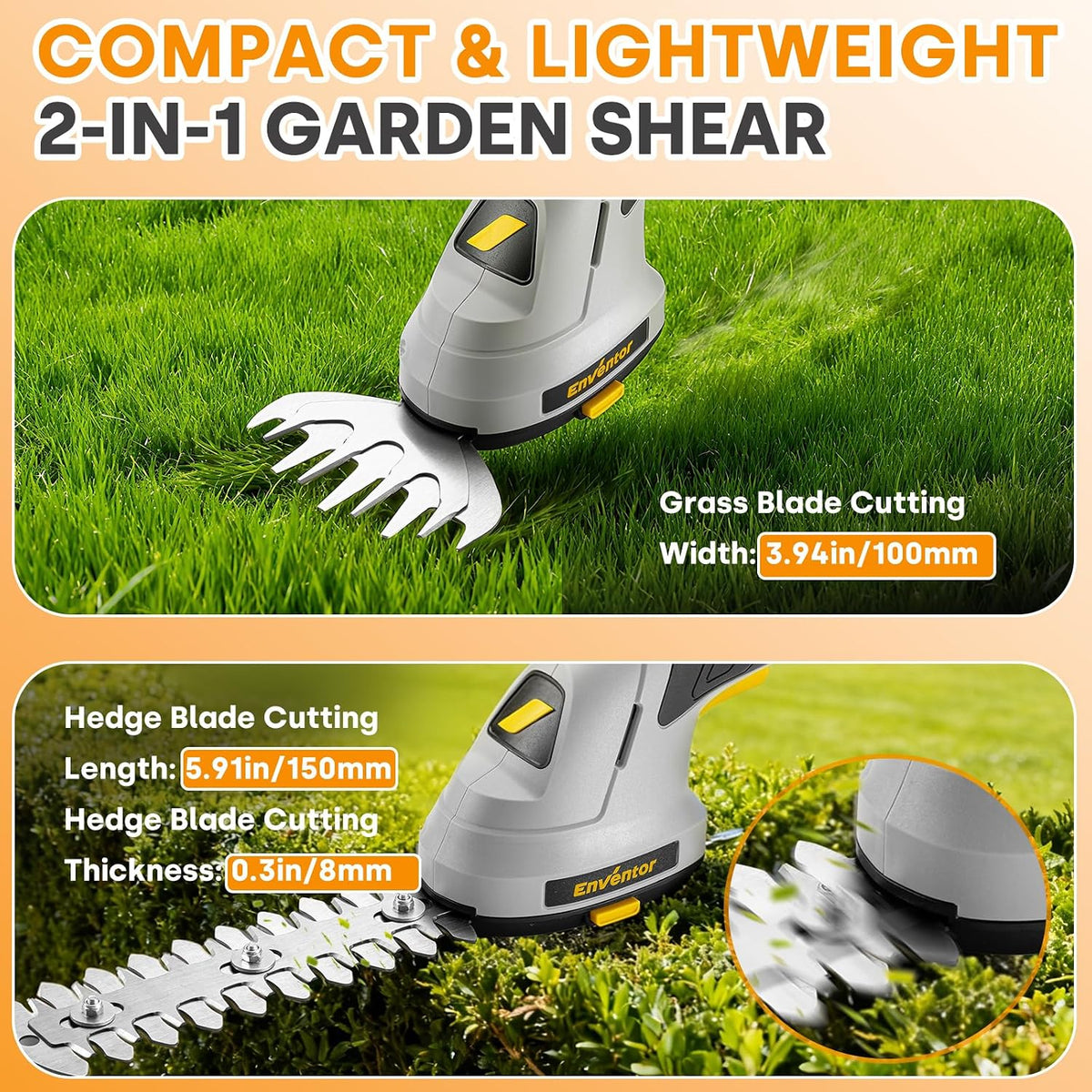 Enventor Cordless Grass Shears with 2 Blades, 7.4 V, 2000 mAh Rechargeable
