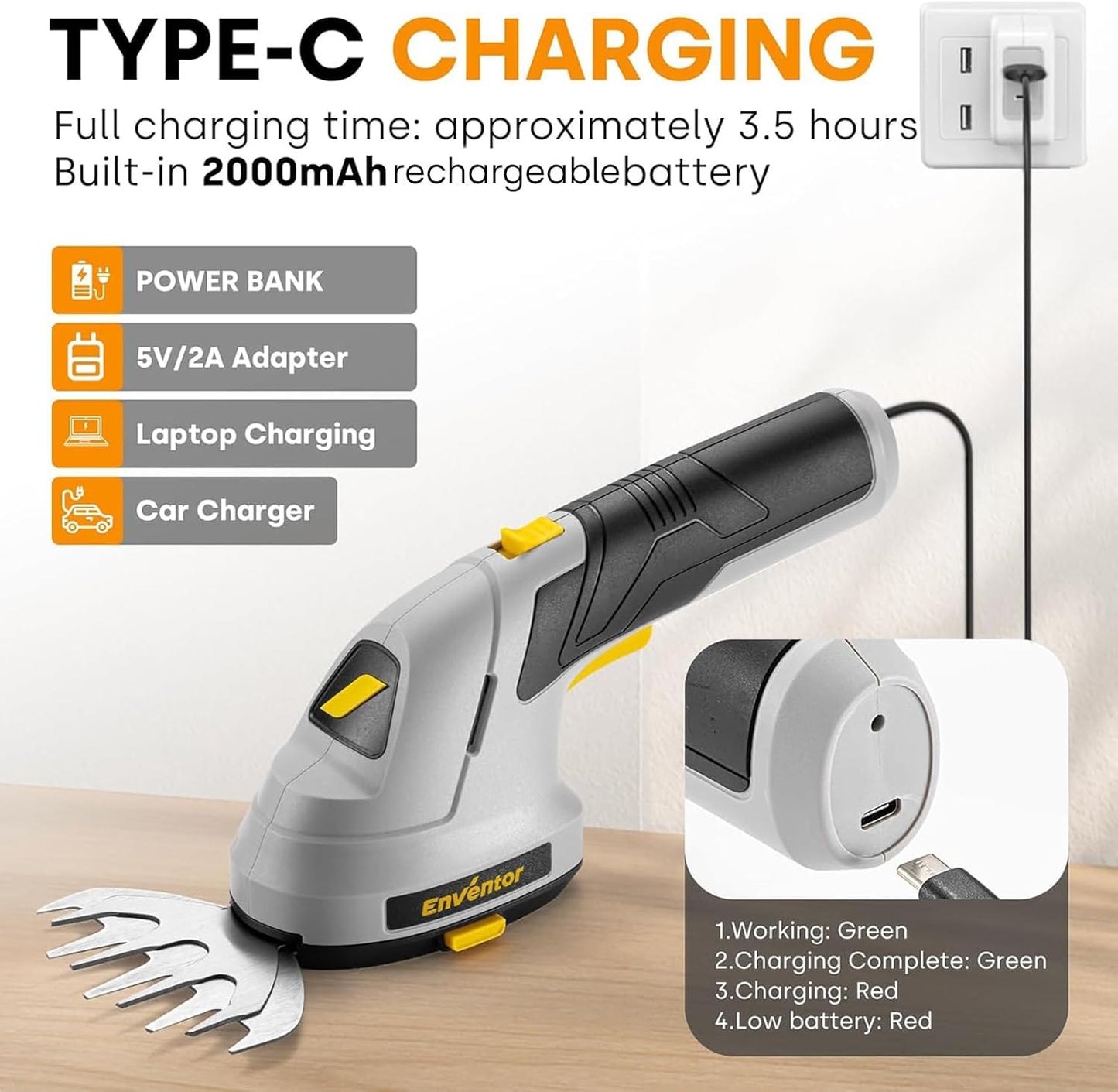 Enventor Cordless Grass Shears with 2 Blades, 7.4 V, 2000 mAh Rechargeable