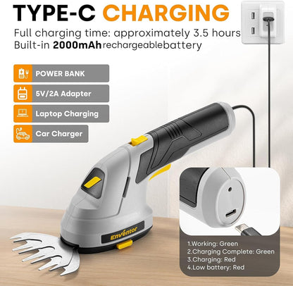Enventor Cordless Grass Shears with 2 Blades, 7.4 V, 2000 mAh Rechargeable