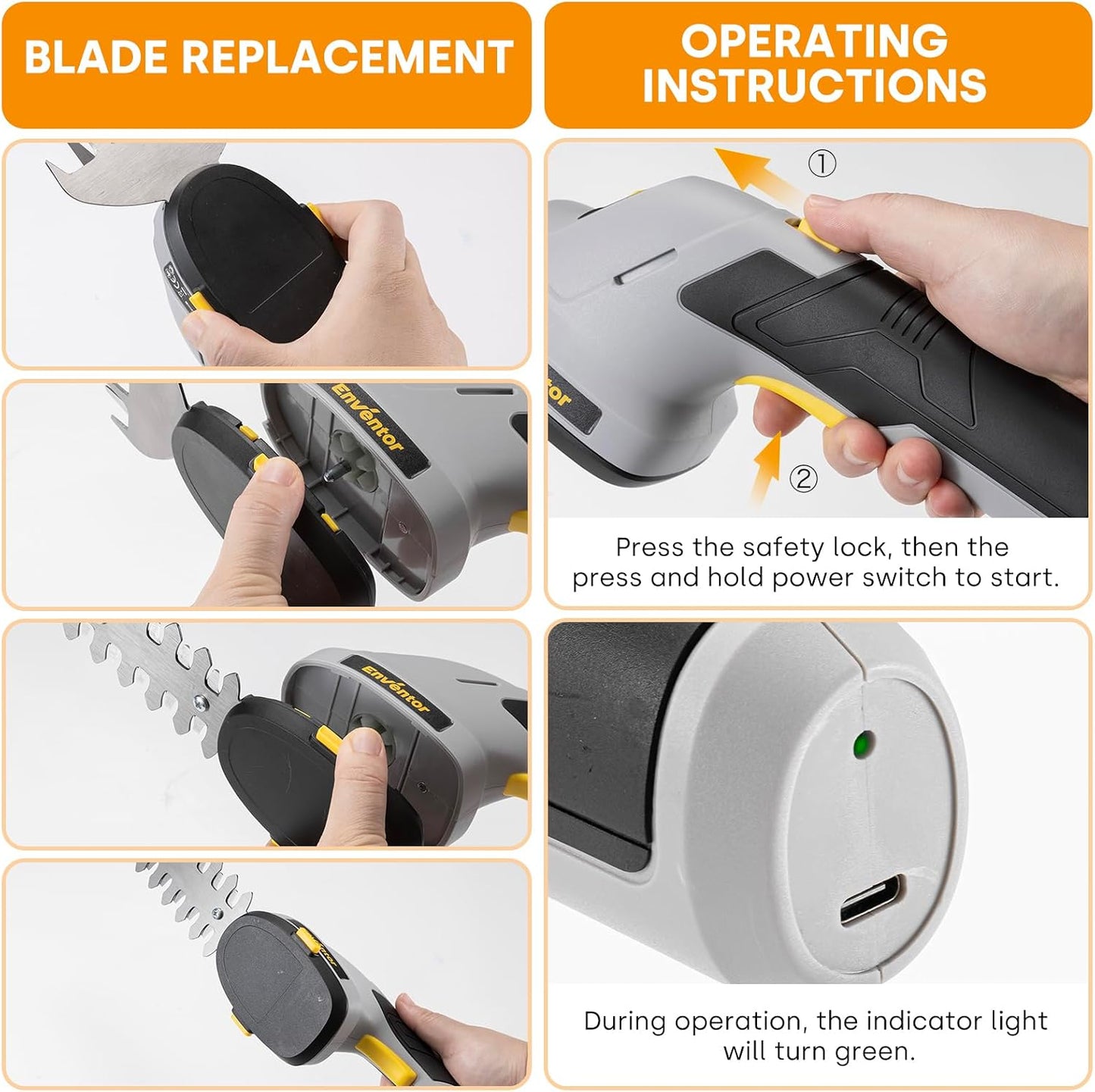 Enventor Cordless Grass Shears with 2 Blades, 7.4 V, 2000 mAh Rechargeable