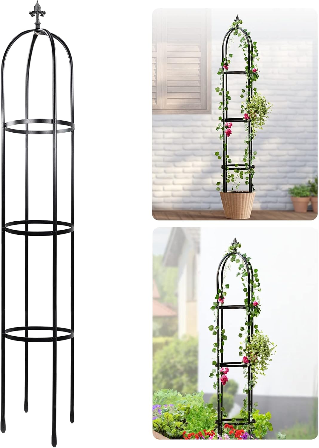 100% Metal Obelisk Trellis for Climbing Plants Outdoor 6ft - 72in, Heavy Duty Black Garden Trellis for Climbing Vine with Stone-Look Finish, 1pc