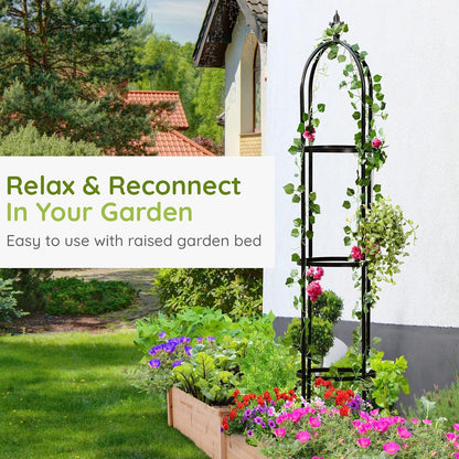 100% Metal Obelisk Trellis for Climbing Plants Outdoor 6ft - 72in, Heavy Duty Black Garden Trellis for Climbing Vine with Stone-Look Finish, 1pc