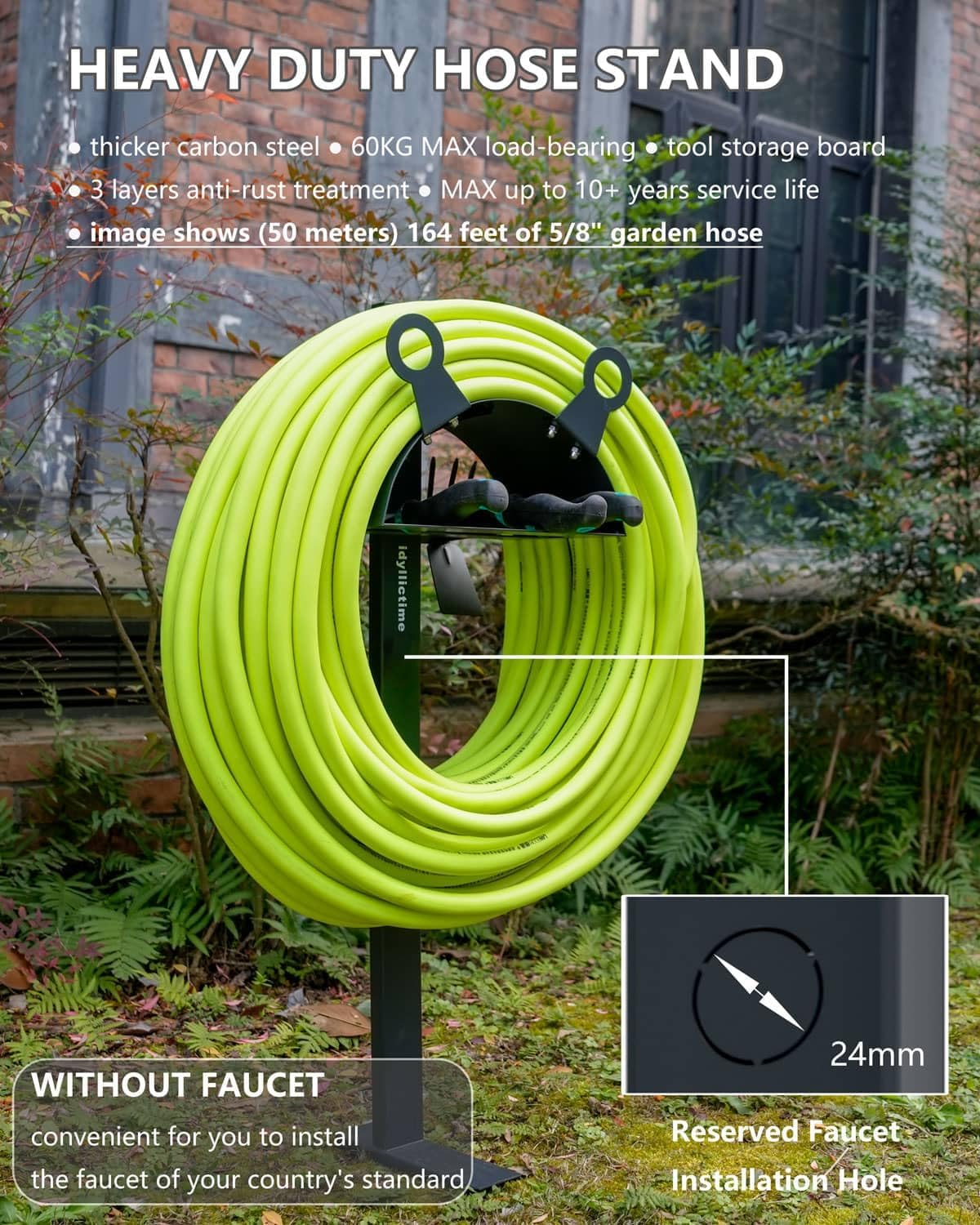 Garden Hose Holder Stand for Outside with Tool Organizer Heavy Duty Thickened Carbon Steel (Deep Grey, Without Faucet)