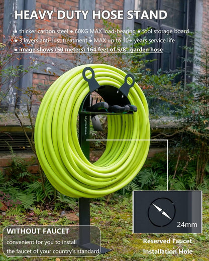 Garden Hose Holder Stand for Outside with Tool Organizer Heavy Duty Thickened Carbon Steel (Deep Grey, Without Faucet)