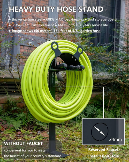 Garden Hose Holder Stand for Outside with Tool Organizer Heavy Duty Thickened Carbon Steel (Deep Grey, Without Faucet)