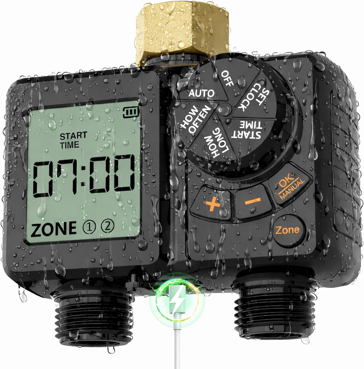 Rechargeable 2-Zone Water Timer, Full-Body IPX6 Sprinkler Timer - Over One Year Runtime - Save Water & Money, Drip Irrigation Controller with Rain Delay/Manual/Auto Modes for Garden, Lawn, Yard