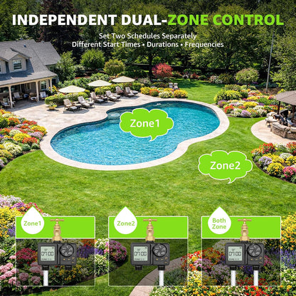 Rechargeable 2-Zone Water Timer, Full-Body IPX6 Sprinkler Timer - Over One Year Runtime - Save Water & Money, Drip Irrigation Controller with Rain Delay/Manual/Auto Modes for Garden, Lawn, Yard