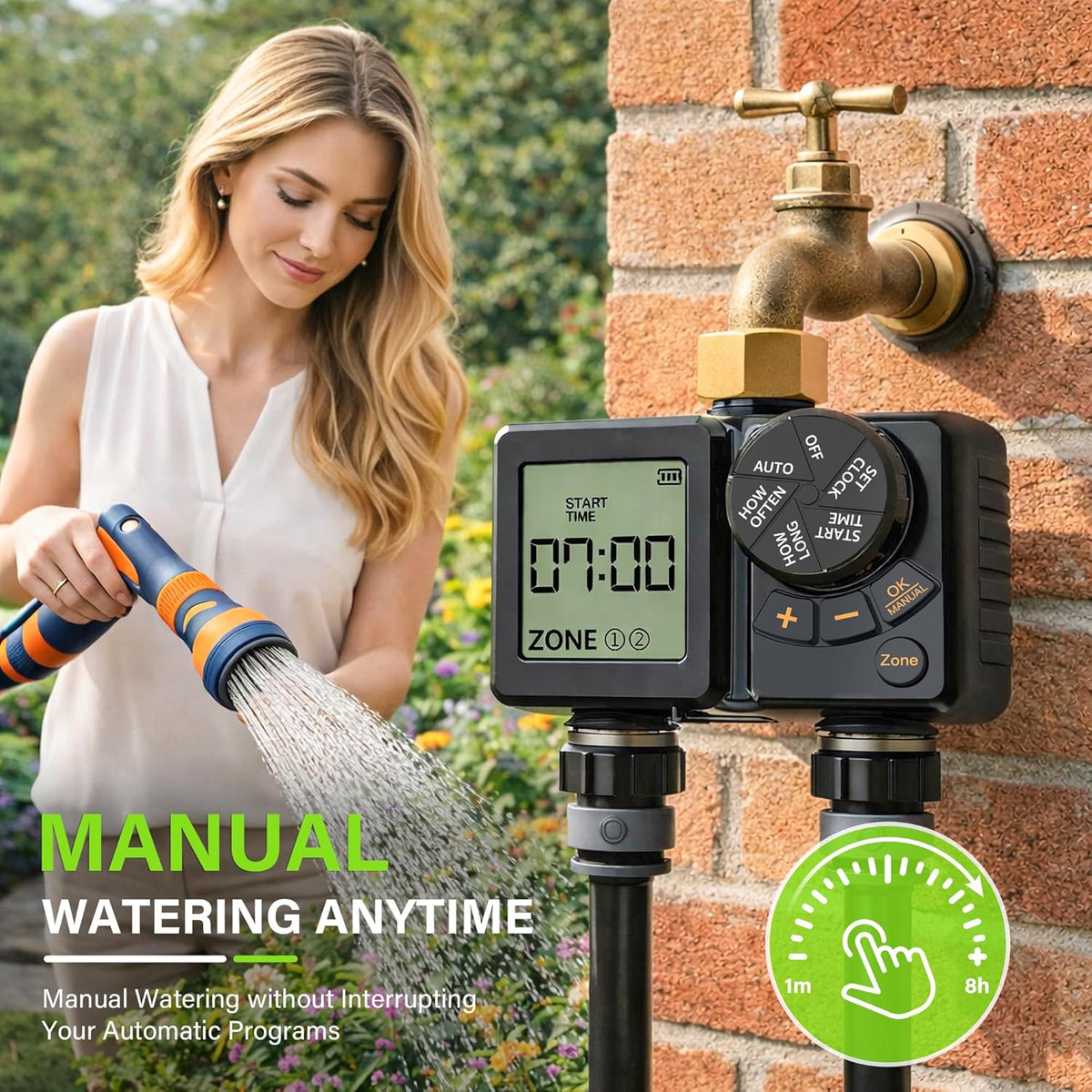 Rechargeable 2-Zone Water Timer, Full-Body IPX6 Sprinkler Timer - Over One Year Runtime - Save Water & Money, Drip Irrigation Controller with Rain Delay/Manual/Auto Modes for Garden, Lawn, Yard