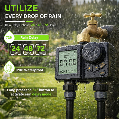 Rechargeable 2-Zone Water Timer, Full-Body IPX6 Sprinkler Timer - Over One Year Runtime - Save Water & Money, Drip Irrigation Controller with Rain Delay/Manual/Auto Modes for Garden, Lawn, Yard