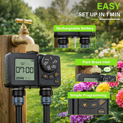 Rechargeable 2-Zone Water Timer, Full-Body IPX6 Sprinkler Timer - Over One Year Runtime - Save Water & Money, Drip Irrigation Controller with Rain Delay/Manual/Auto Modes for Garden, Lawn, Yard