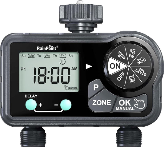 Sprinkler Timer with 3 Different Programs, Hose Timer for Garden Hose with Rain Delay/Manual Watering/Automatic Irrigation System for Garden, 2 Outlet