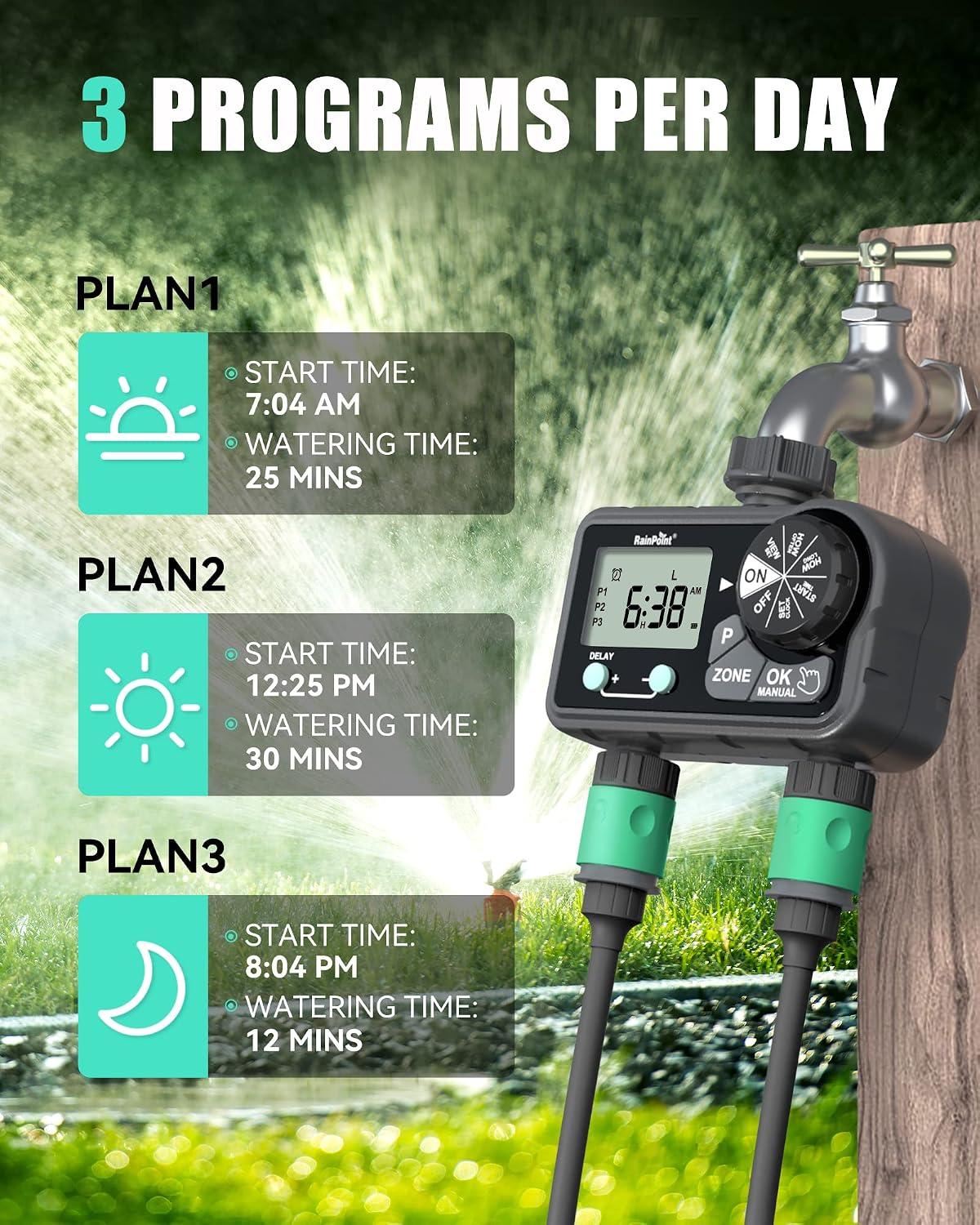 Sprinkler Timer with 3 Different Programs, Hose Timer for Garden Hose with Rain Delay/Manual Watering/Automatic Irrigation System for Garden, 2 Outlet
