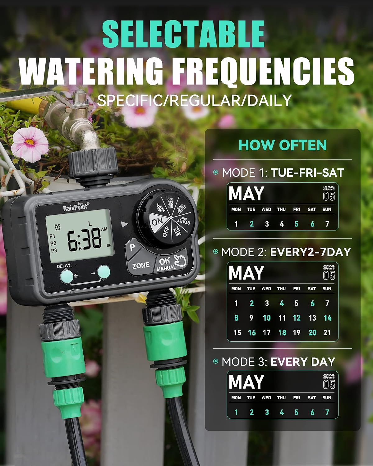 Sprinkler Timer with 3 Different Programs, Hose Timer for Garden Hose with Rain Delay/Manual Watering/Automatic Irrigation System for Garden, 2 Outlet