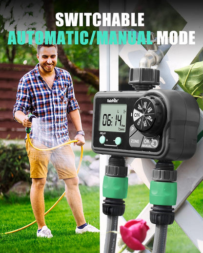Sprinkler Timer with 3 Different Programs, Hose Timer for Garden Hose with Rain Delay/Manual Watering/Automatic Irrigation System for Garden, 2 Outlet