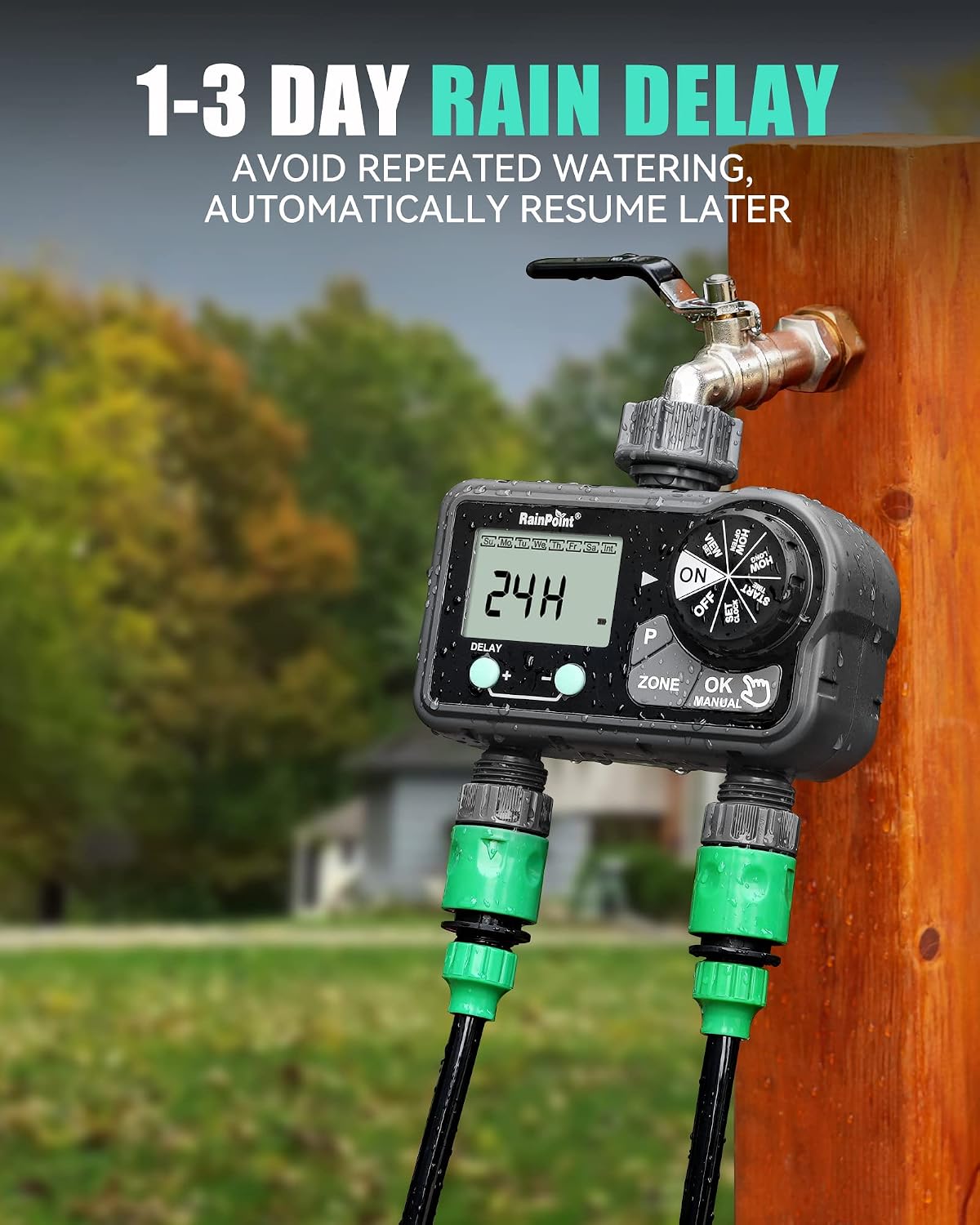 Sprinkler Timer with 3 Different Programs, Hose Timer for Garden Hose with Rain Delay/Manual Watering/Automatic Irrigation System for Garden, 2 Outlet