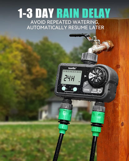 Sprinkler Timer with 3 Different Programs, Hose Timer for Garden Hose with Rain Delay/Manual Watering/Automatic Irrigation System for Garden, 2 Outlet