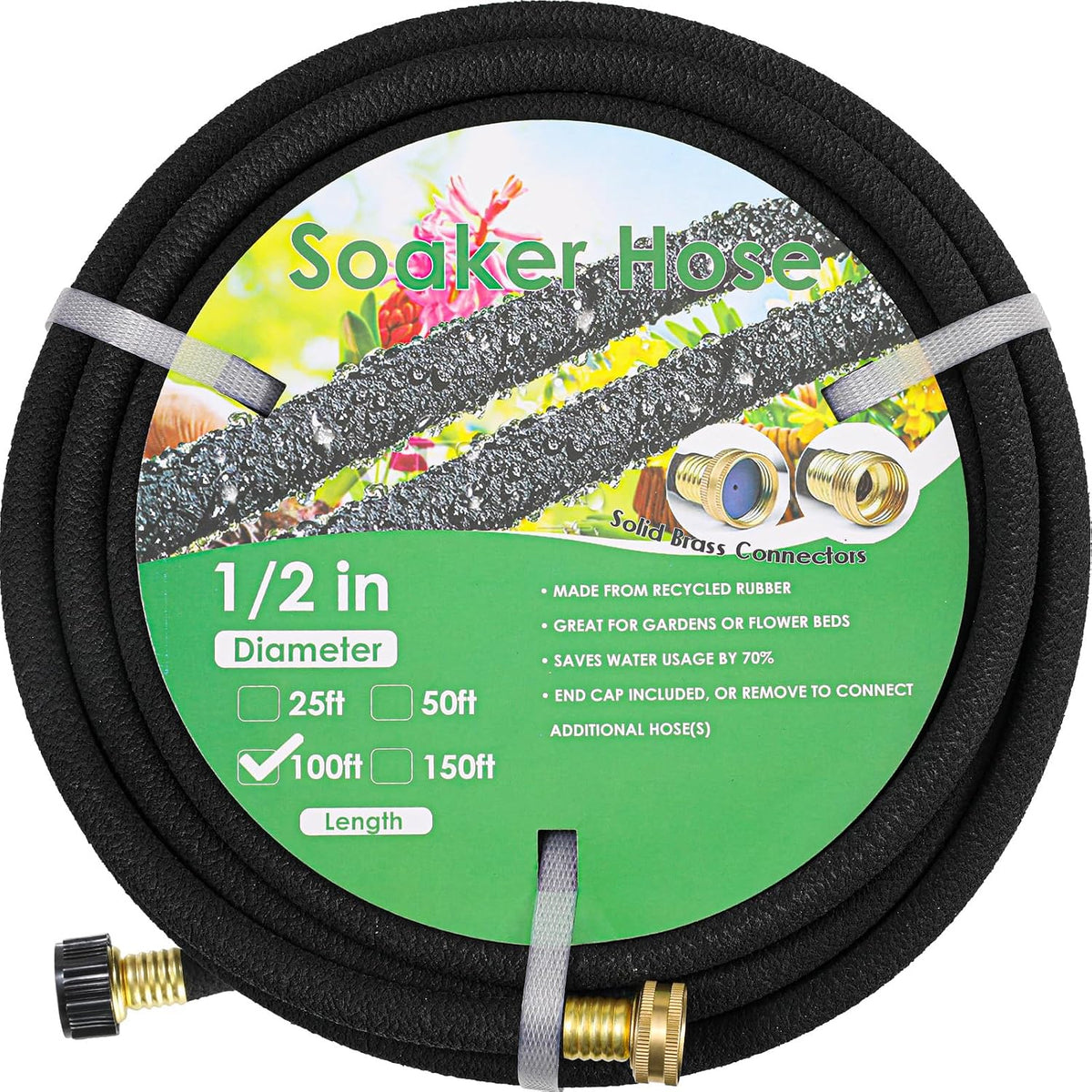 Soaker Hose 50ft×2 1/2" Brass Connectors Heavy Duty Water Saving
