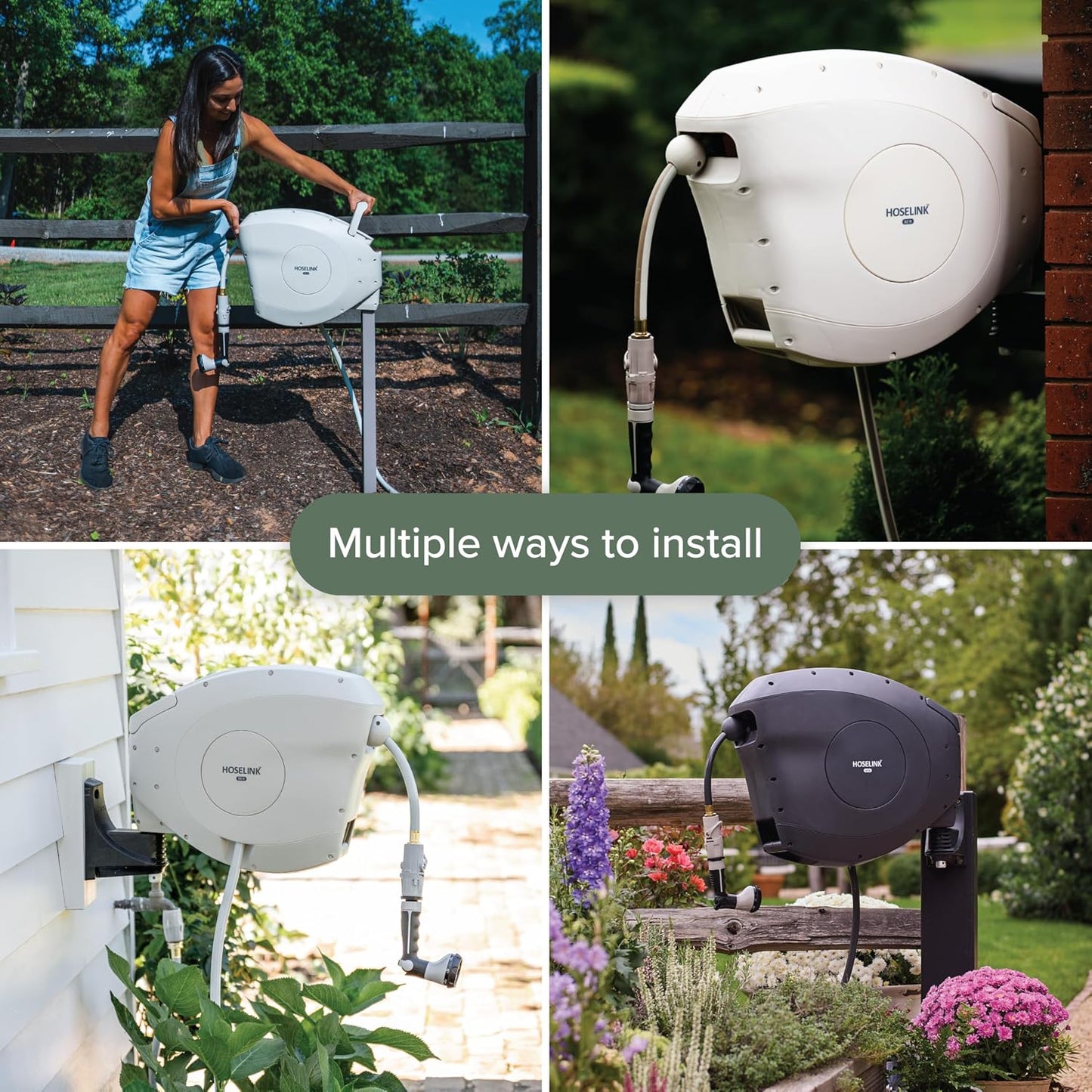 HOSELINK Classic Beige 100ft Automatic Retractable Garden Hose Reel, 1/2" UV-Stabilized Kink-Free Hose, Wall Mounted Complete Watering Solution for Backyard, Garden & Outdoor