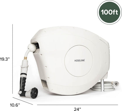 HOSELINK Classic Beige 100ft Automatic Retractable Garden Hose Reel, 1/2" UV-Stabilized Kink-Free Hose, Wall Mounted Complete Watering Solution for Backyard, Garden & Outdoor