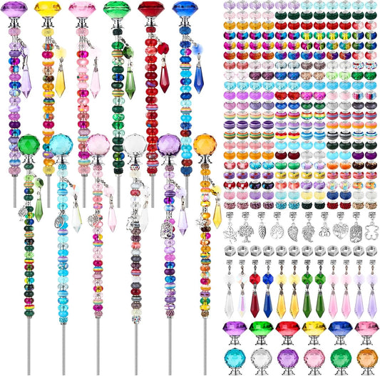 310Pcs DIY Fairy Wand Beaded Garden Stakes Kit, Decorative Garden Stakes with Colorful Crystal Pendants, Outdoor Fairy Garden Accessories, Beadable Items for Decor, Gifts & Craft (10 & 12 in)