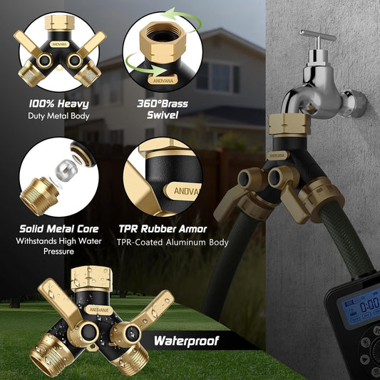 Hose Splitter 2 Way Heavy Duty, Garden Hose Splitter- Full Metal Body Y Type with Dual Shut Off Valves, 3/4" Standard Threads, Leak-Proof Dual Outlet Splitter for Sprinklers and Irrigation Systems