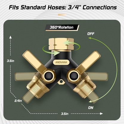 Hose Splitter 2 Way Heavy Duty, Garden Hose Splitter- Full Metal Body Y Type with Dual Shut Off Valves, 3/4" Standard Threads, Leak-Proof Dual Outlet Splitter for Sprinklers and Irrigation Systems