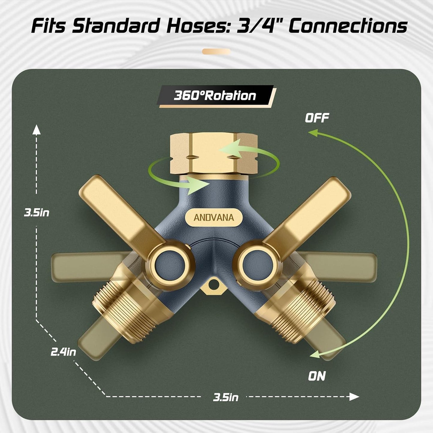 Hose Splitter 2 Way Heavy Duty, Garden Hose Splitter- Full Metal Body Y Type with Dual Shut Off Valves, 3/4" Standard Threads, Leak-Proof Dual Outlet Splitter for Sprinklers and Irrigation Systems