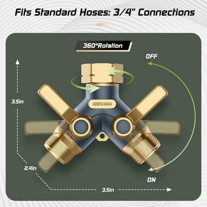 Hose Splitter 2 Way Heavy Duty, Garden Hose Splitter- Full Metal Body Y Type with Dual Shut Off Valves, 3/4" Standard Threads, Leak-Proof Dual Outlet Splitter for Sprinklers and Irrigation Systems