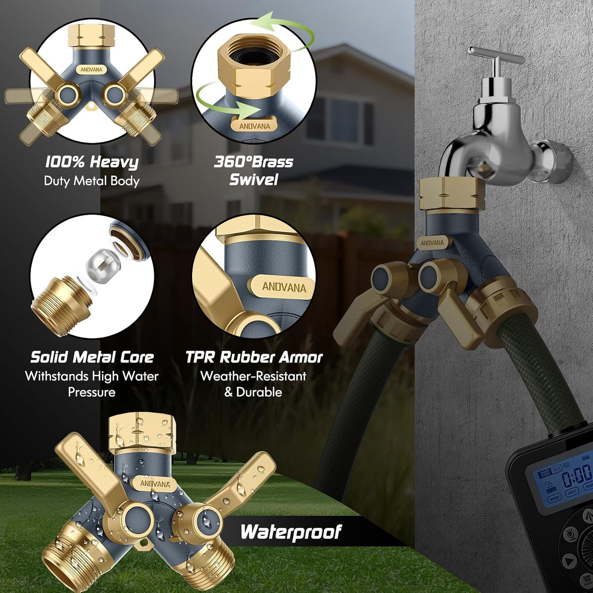Hose Splitter 2 Way Heavy Duty, Garden Hose Splitter- Full Metal Body Y Type with Dual Shut Off Valves, 3/4" Standard Threads, Leak-Proof Dual Outlet Splitter for Sprinklers and Irrigation Systems
