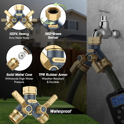 Hose Splitter 2 Way Heavy Duty, Garden Hose Splitter- Full Metal Body Y Type with Dual Shut Off Valves, 3/4" Standard Threads, Leak-Proof Dual Outlet Splitter for Sprinklers and Irrigation Systems