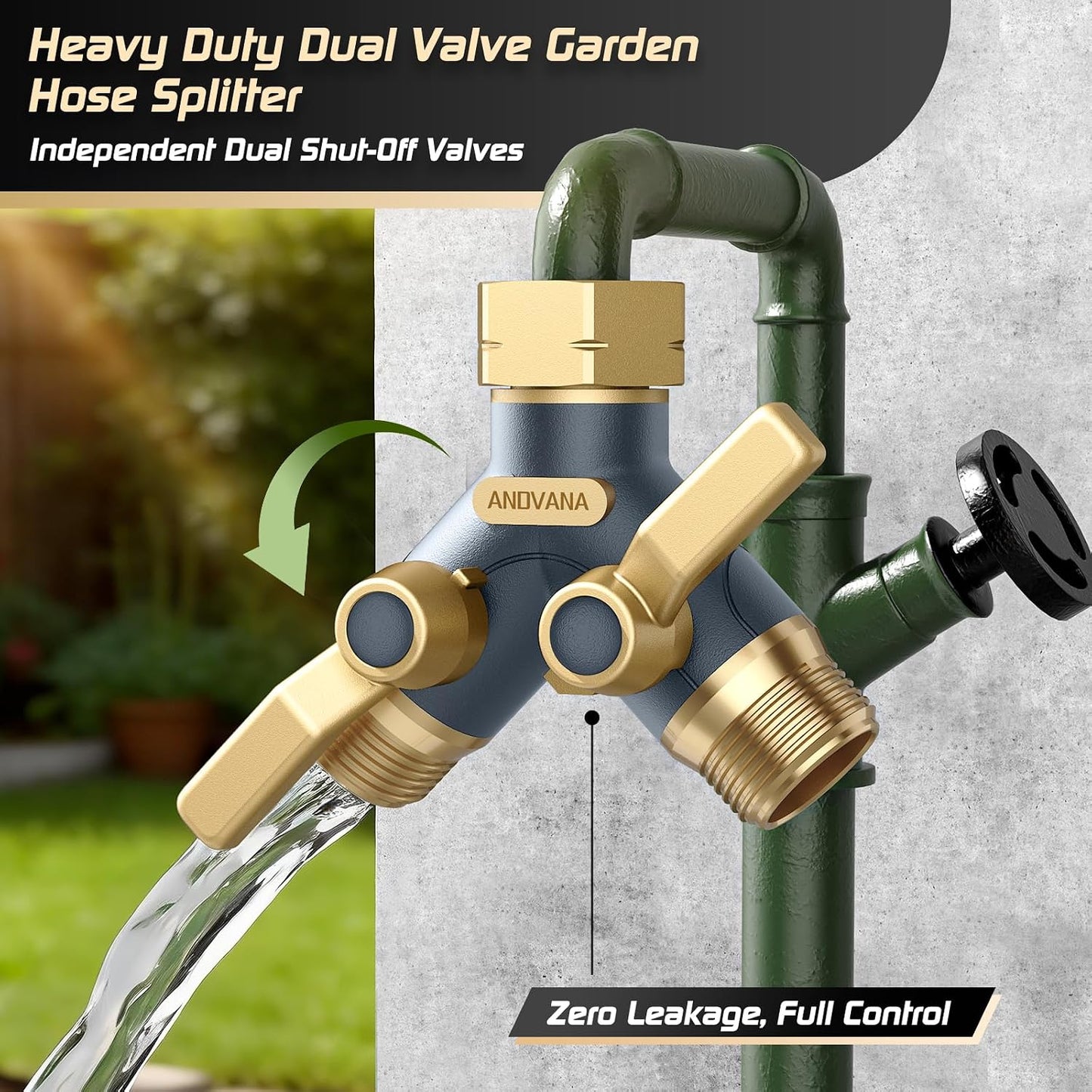 Hose Splitter 2 Way Heavy Duty, Garden Hose Splitter- Full Metal Body Y Type with Dual Shut Off Valves, 3/4" Standard Threads, Leak-Proof Dual Outlet Splitter for Sprinklers and Irrigation Systems