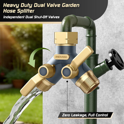 Hose Splitter 2 Way Heavy Duty, Garden Hose Splitter- Full Metal Body Y Type with Dual Shut Off Valves, 3/4" Standard Threads, Leak-Proof Dual Outlet Splitter for Sprinklers and Irrigation Systems