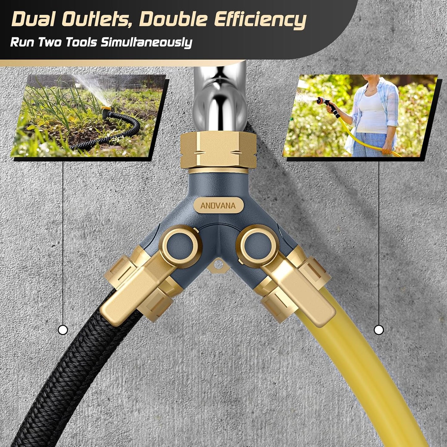 Hose Splitter 2 Way Heavy Duty, Garden Hose Splitter- Full Metal Body Y Type with Dual Shut Off Valves, 3/4" Standard Threads, Leak-Proof Dual Outlet Splitter for Sprinklers and Irrigation Systems