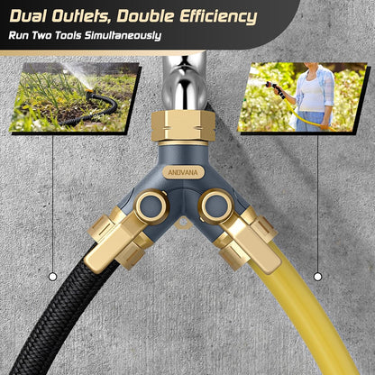 Hose Splitter 2 Way Heavy Duty, Garden Hose Splitter- Full Metal Body Y Type with Dual Shut Off Valves, 3/4" Standard Threads, Leak-Proof Dual Outlet Splitter for Sprinklers and Irrigation Systems