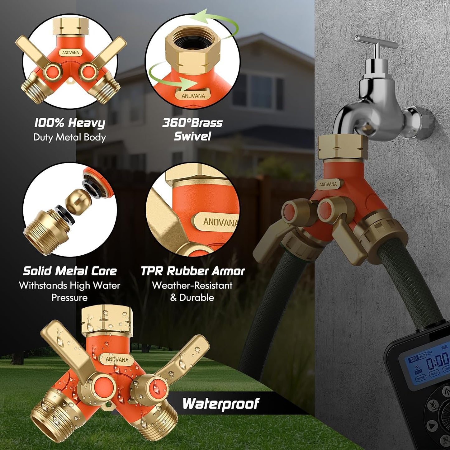 Hose Splitter 2 Way Heavy Duty, Garden Hose Splitter- Full Metal Body Y Type with Dual Shut Off Valves, 3/4" Standard Threads, Leak-Proof Dual Outlet Splitter for Sprinklers and Irrigation Systems