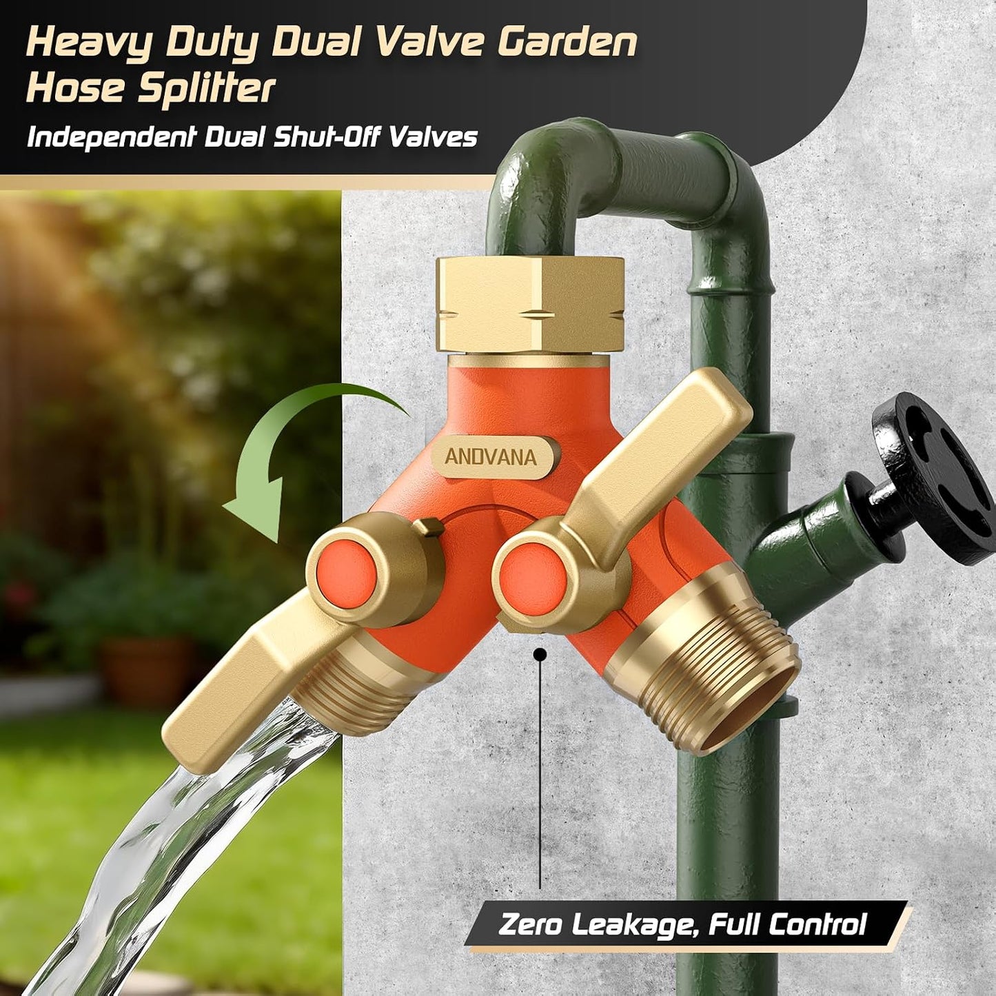Hose Splitter 2 Way Heavy Duty, Garden Hose Splitter- Full Metal Body Y Type with Dual Shut Off Valves, 3/4" Standard Threads, Leak-Proof Dual Outlet Splitter for Sprinklers and Irrigation Systems