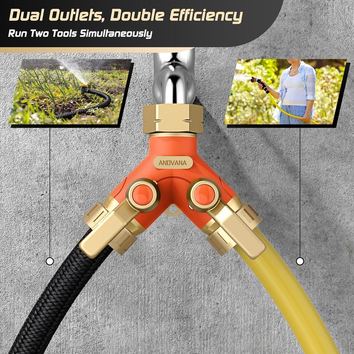 Hose Splitter 2 Way Heavy Duty, Garden Hose Splitter- Full Metal Body Y Type with Dual Shut Off Valves, 3/4" Standard Threads, Leak-Proof Dual Outlet Splitter for Sprinklers and Irrigation Systems