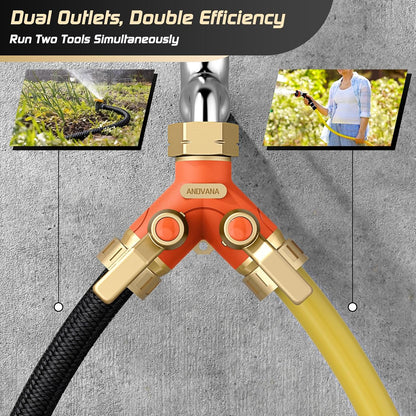 Hose Splitter 2 Way Heavy Duty, Garden Hose Splitter- Full Metal Body Y Type with Dual Shut Off Valves, 3/4" Standard Threads, Leak-Proof Dual Outlet Splitter for Sprinklers and Irrigation Systems