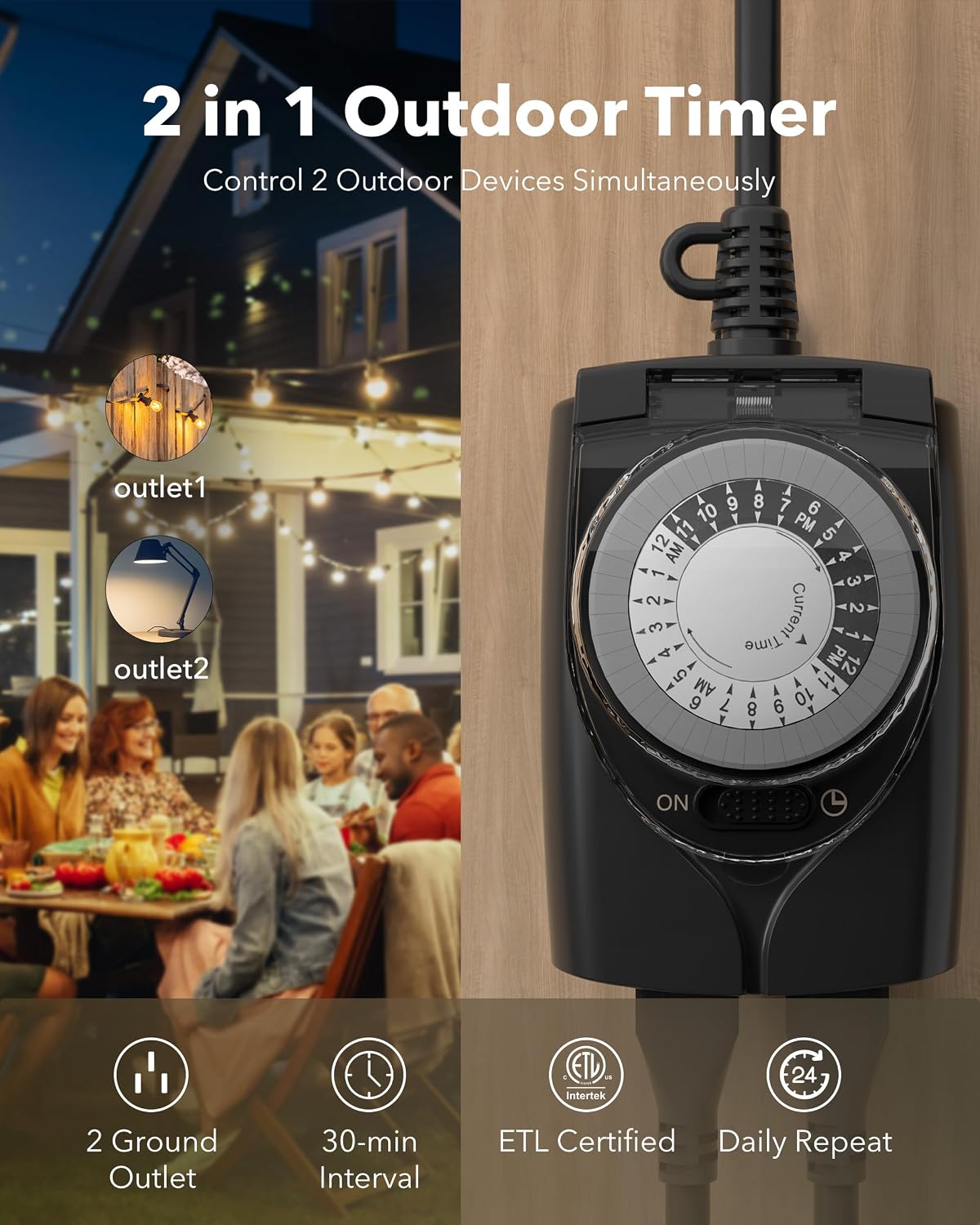 Outdoor Timer Outlet Waterproof, 24 Hour Mechanical Light Timers for Electrical Outlets Outdoor Weatherproof, 2 Grounded Outlets for Christmas Lights, Holiday Decorations, 15A 1/2HP
